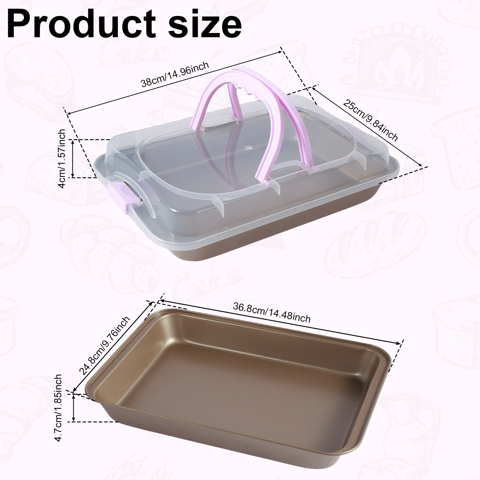 10x14In  Baking Pan with Lid Rectangular Cake Pan with Wide Handle Nonstick Bakeware Baking Pan Multifunctional Cake Carrier Pan