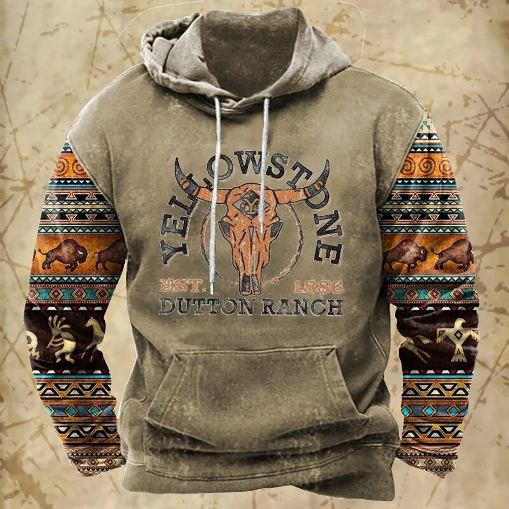 

Men's Hoodies Outdoors Casual Long Sleeves Sweatshirts Yellowstone Antlers Print Hoodie Vintage Loose Men's Clothing Tops 6XL