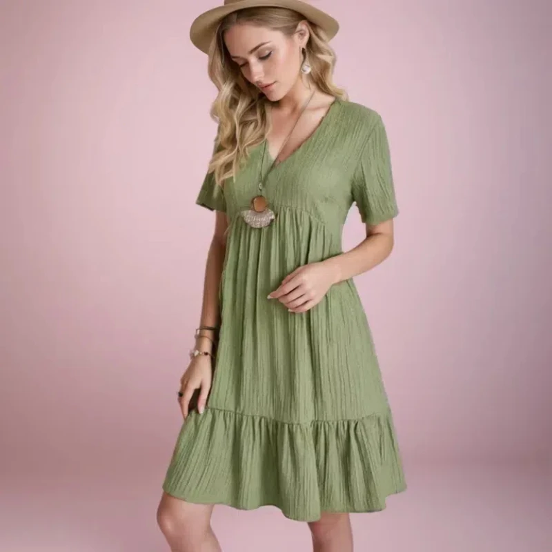 

Fashionable New Summer Solid Color V-neck Cake Skirt Casual Short Sleeved Dress 237