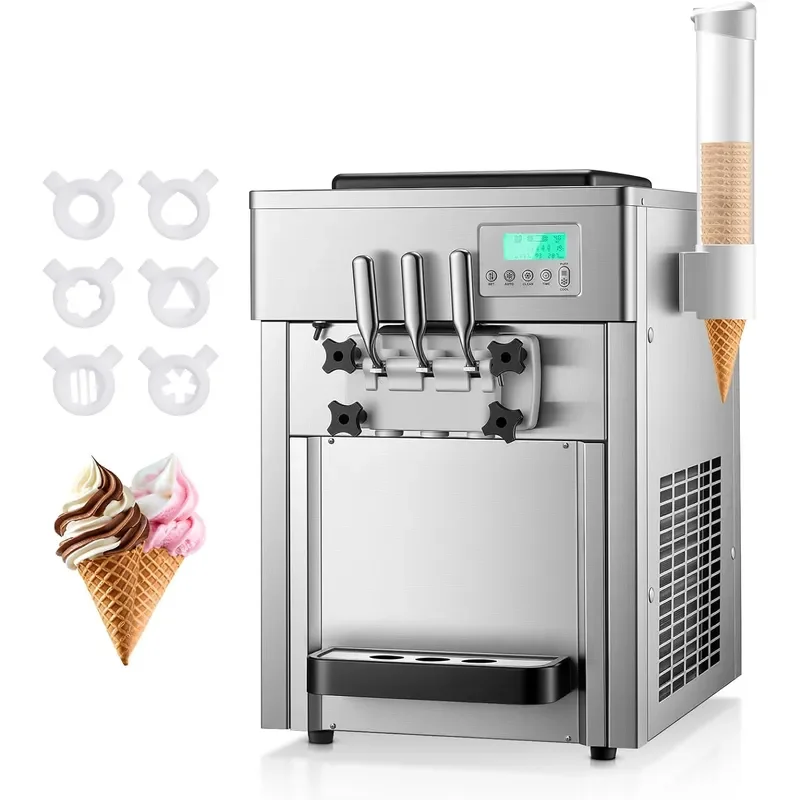 Commercial Ice Cream Machine 5.3-7.4 Gal/H, 3 Flavors Countertop Soft Serve Ice Cream Machine with 8L Hopper, Auto Clean Ice