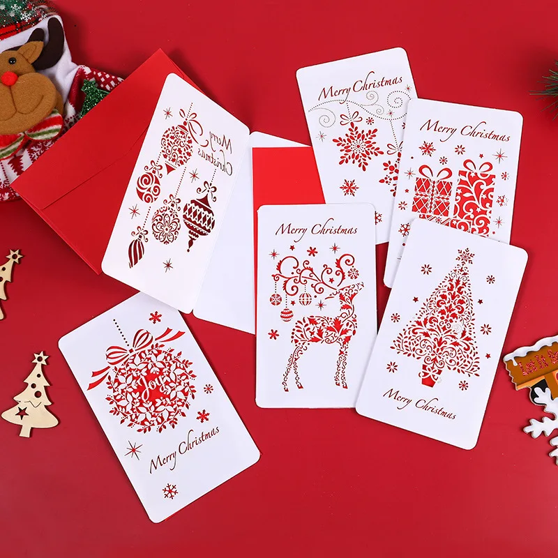 

6pcs/set Chinese Style Paper Cutting Merry Christmas Cards Folding Xmas Blessing Card for New Year Christmas Gift Christmas Tree