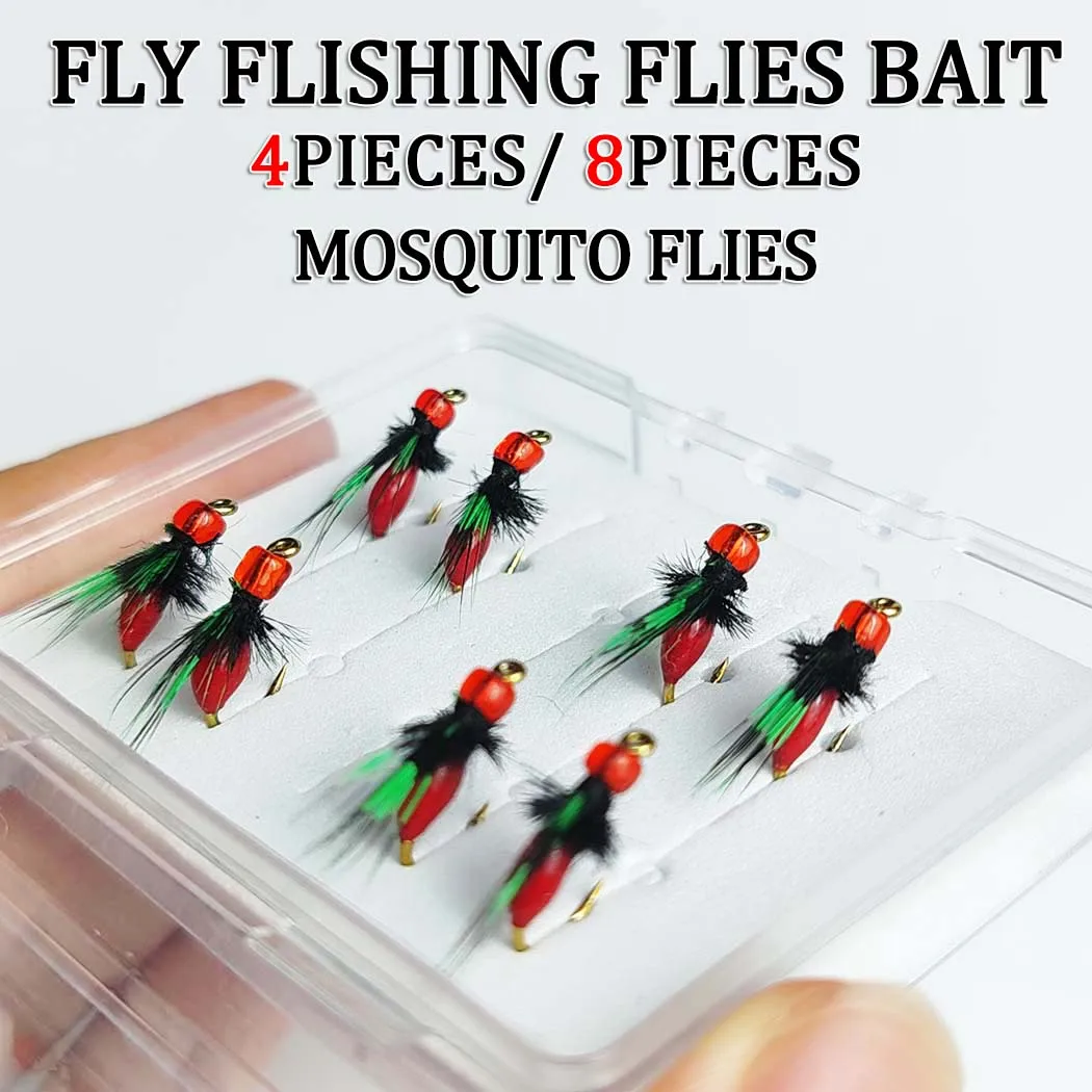 Fly Fishing Lure Mosquito Flies Bait-4/8Pcs Red Mosquito Dry Flies Nymph Streamer Fishing For Pike Salmon Bass Trout
