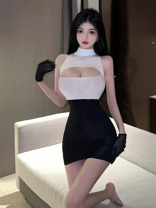 Tank Mini Dress Sexy Open Chest Spicy Girl Hollow Out Tight Short Slim Hip Hot Sexy Korean Women Tops Sweet Fashion 2023 99C1