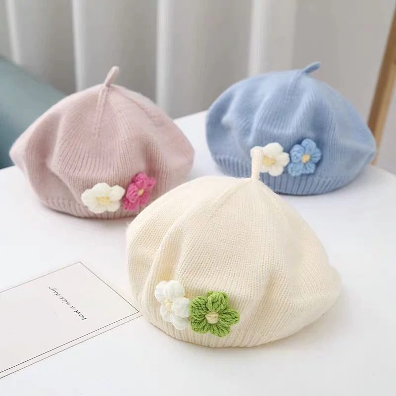 Winter Spring Knitted Warm Baby Hat Vintage Solid Color Flower Beret Hats For Kids Girls Korean Casual Child Artist Painter Cap