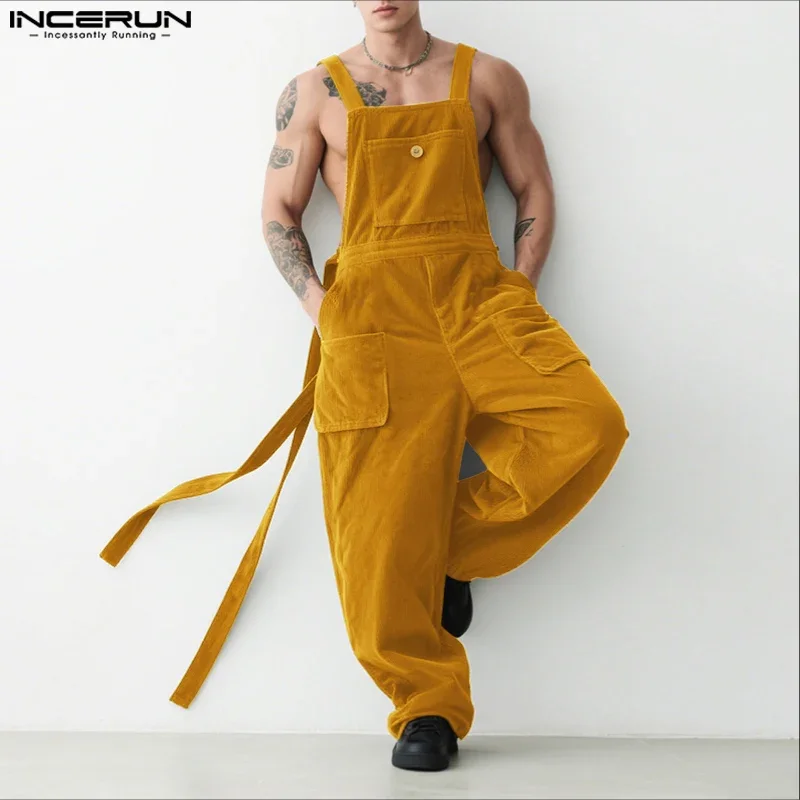 

INCERUN Men Jumpsuits Solid Corduroy Sleeveless Casual Straps Rompers Men Streetwear Loose Pockets 2025 Fashion Cargo Overalls