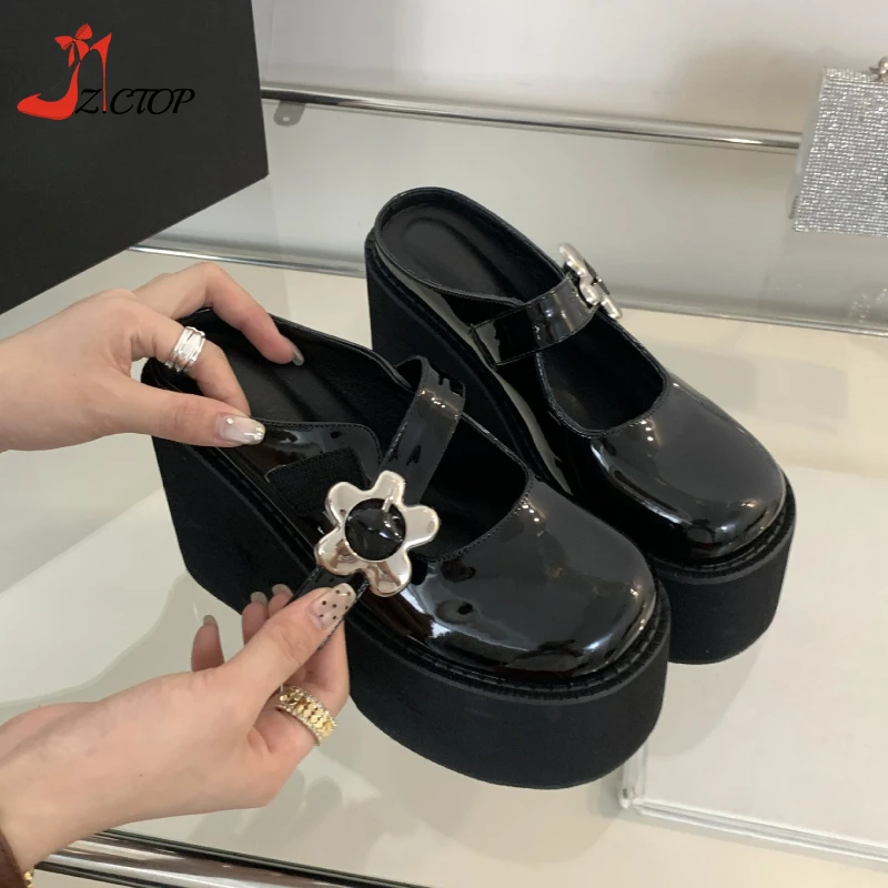 Black Block Heels Patent Leather Women Pumps Punk Lolita Closed Toe Platform Sandals Chunky High Heeled Slippers Summer Shoes