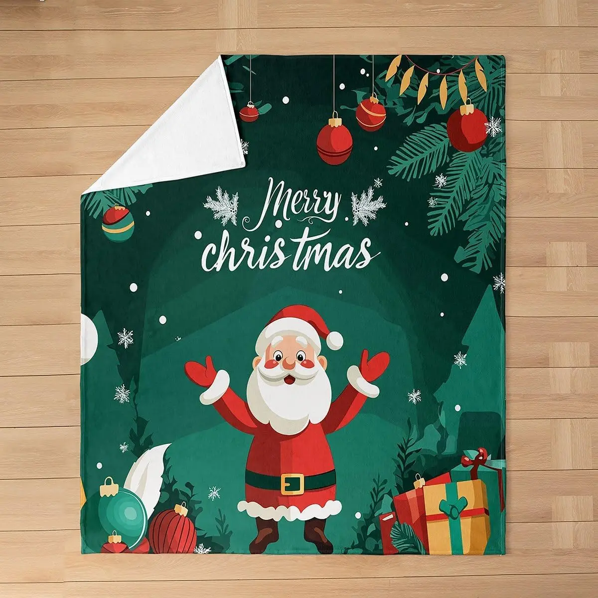 Merry Christmas Flannel Blanket, Cartoon Santa Claus Fleece Blanket Baby, Green Botanica Pine Tree Branch Fuzzy Plush Throw Cute