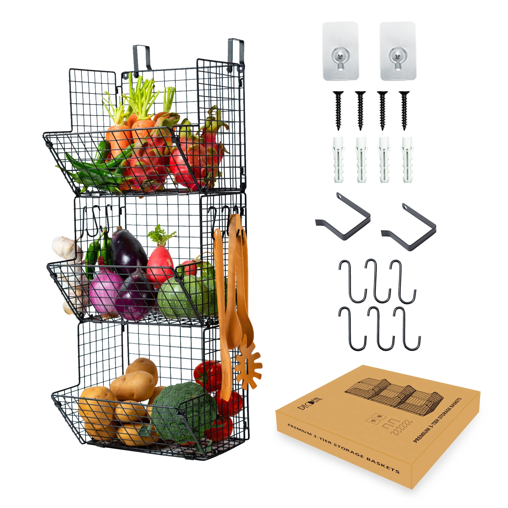 3 Tier Iron Wire Fruit Basket Wall Mounted Storage Shelves over the Door Organizer Kitchen Fruit Baskets Fruit Stand with Hooks