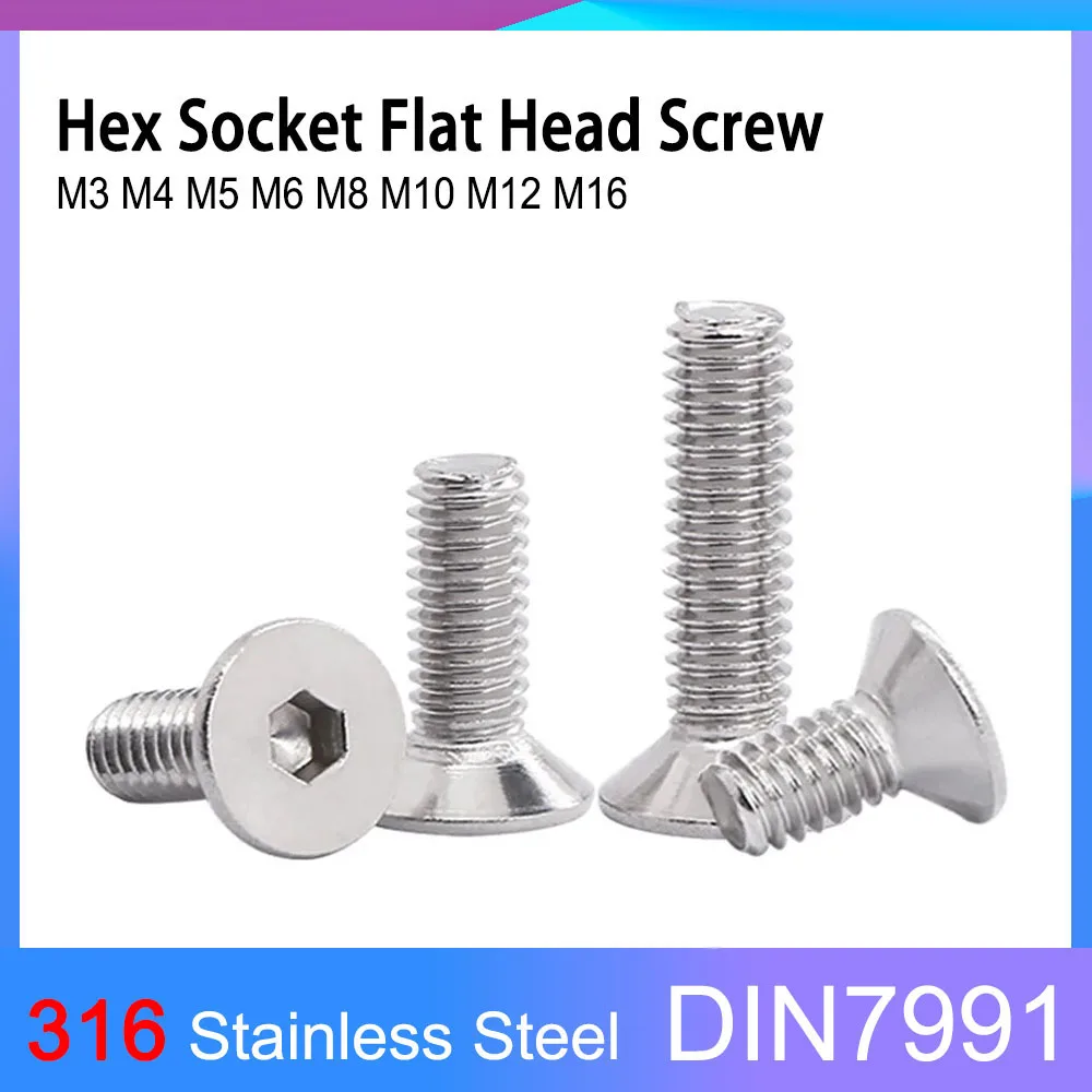 

DIN7991 316 Stainless Steel A4-70 Hex Socket Flat Countersunk Head Screws Bolts M3 M4 M5 M6 M8 M10 M12 M16