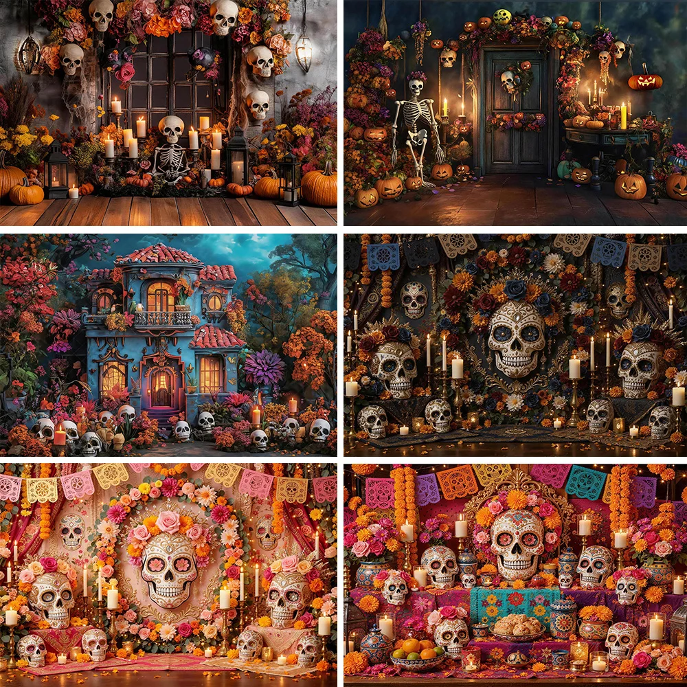 Day of the Dead Backdrop Mexican Dia De Los Muertos Skull Theme Portrait Photography Floral Fiesta Party Banner Background Props