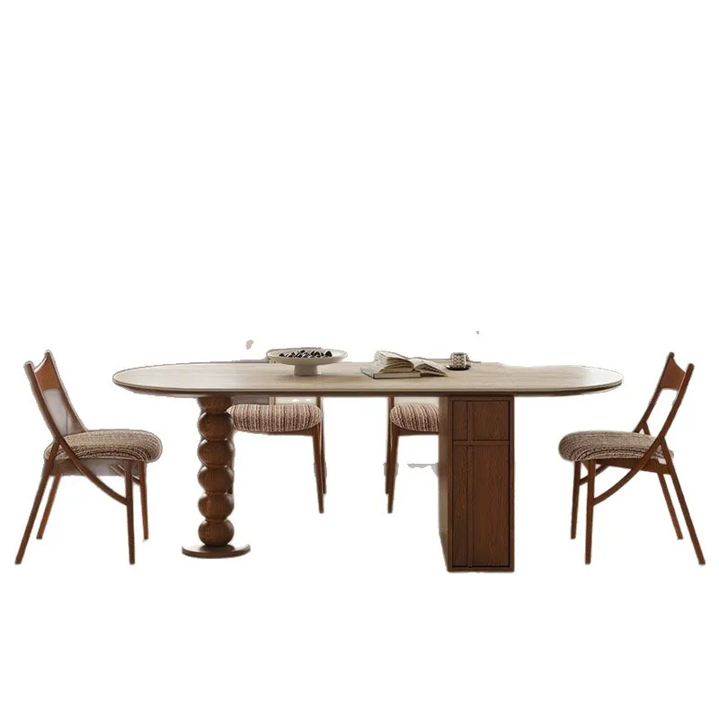 Medieval cave stone rock slab dining table two ends round foldable storage retro solid wood retractable dining table and chairs