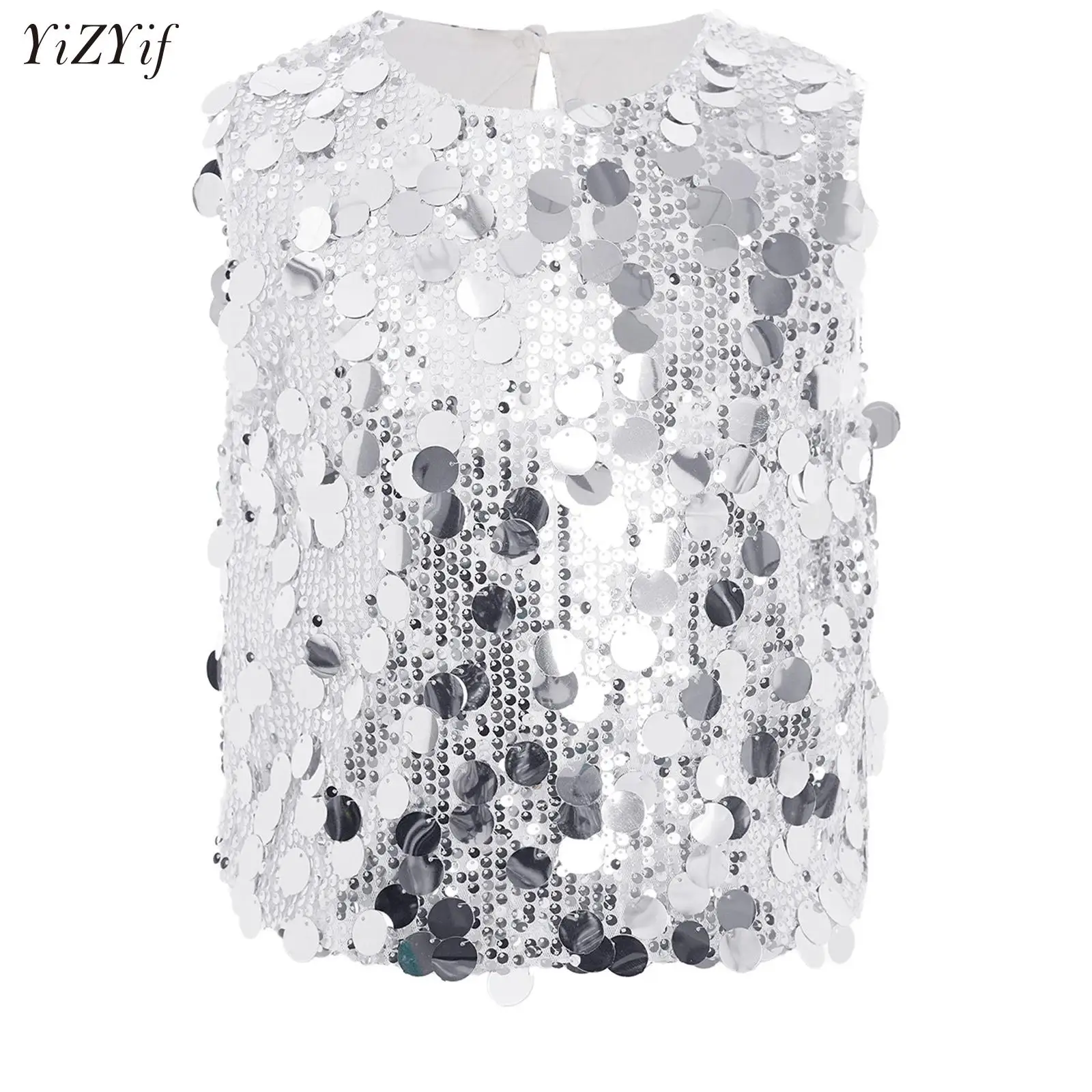 

Kids Girls Jazz Dance Tank Tops Sparkling Sequins Crop Top for Ballet Gymnastics Hip Hop Modern Stage Performance Dance Wear