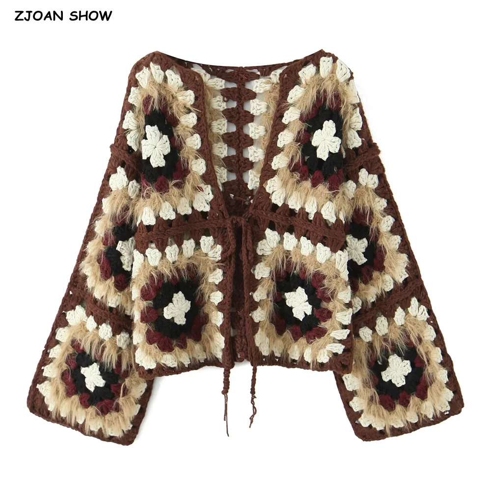 BOHO Hairy Shaggy Colored Plaid Flower Hand Crochet Cardigan Ethnic Woman V neck Bow Front Short Sweater Knitwear Jumper