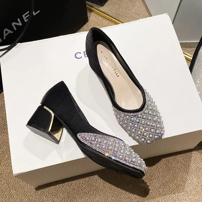 

New Spring Autumn Chunky High Heels 4.5cm Crystal Party Shoes Heel Lady Square Toe Shoes British Loafers Female Footwears C053