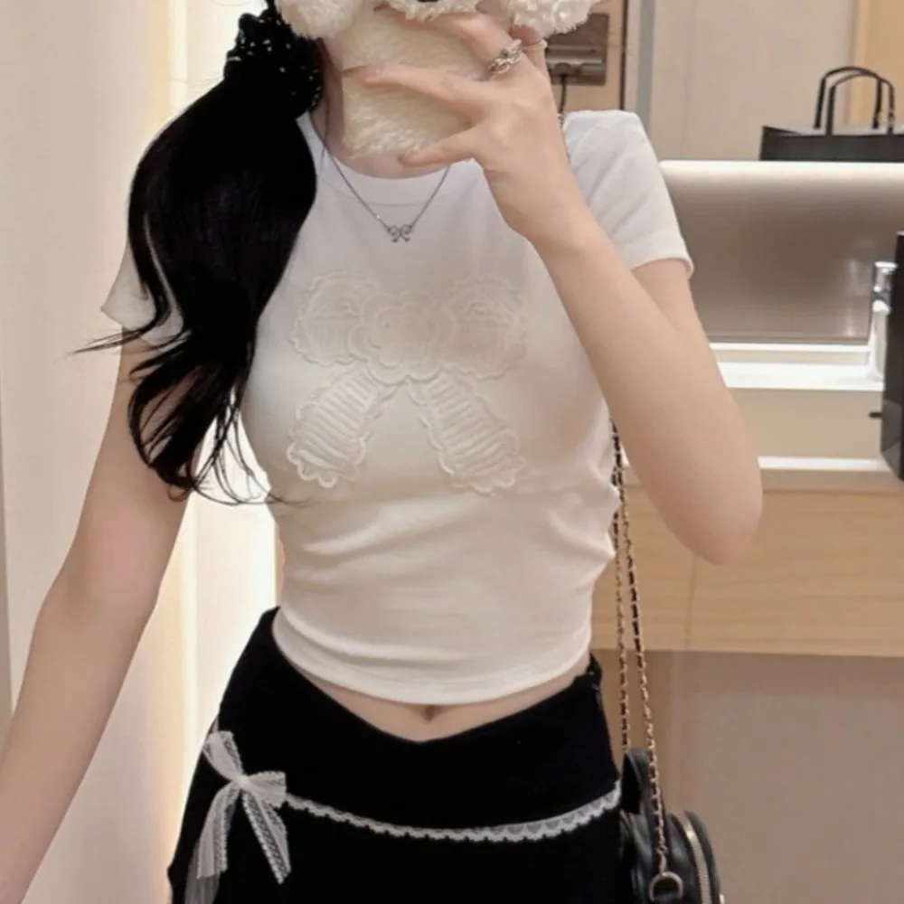 

Fashion Cotton Korean Bow T-shirts Bowknot Embroidered Y2K Crop Tops Spicy Girl Korean Style Short Shoulder Tops Women