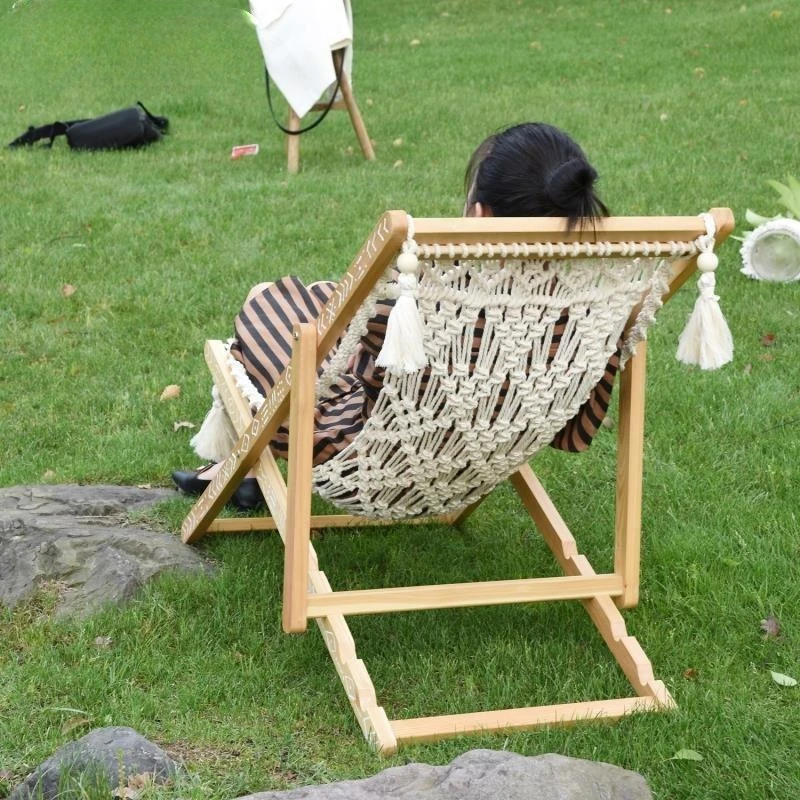Handmade Woven Lounge Chair, Moroccan Ethnic Boho Style Foldable Solid Wood Chair for Indoor Living Room Outdoor Leisure
