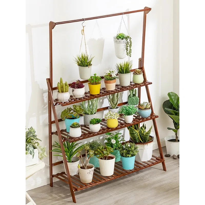 Floor-to-Ceiling Foldable Shelf, Flower Pot, Monochromatic Wood, Multi-storey, Balcony, Living Room