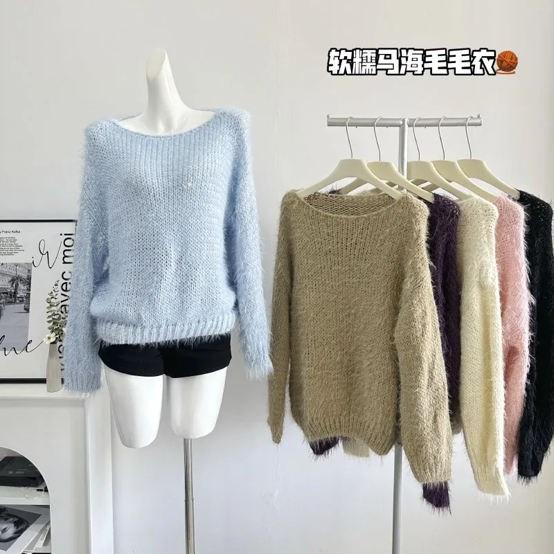 Korean-style Cozy Temperament Slouchy Knit Sweater Round Neck Solid Color Elegant Loose Women's Sweater