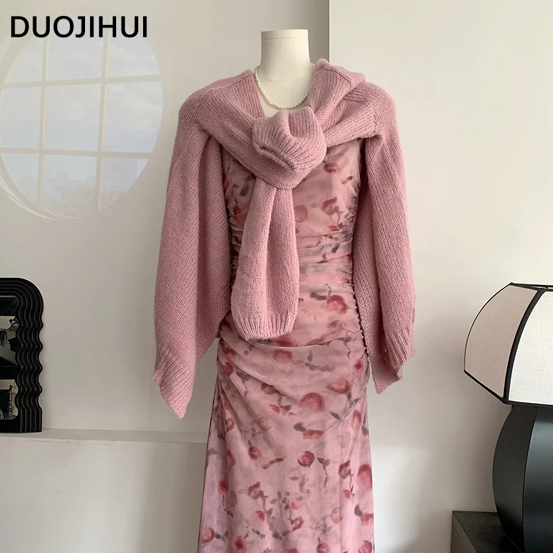 DUOJIHUI New Two Piece Pink Chicly Floral Female Dresses Sweet Loose Simple Elegant Fashion Slim Waist Zipper Casual Women Dress