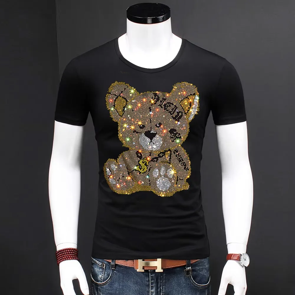 

Rhinestones Tshirt Men T Shirt Unisex Streetwear Slim Men's Short Sleeve Shirts Diamond Inlaid Teddy Bear Toy Plus Size Cool Hot