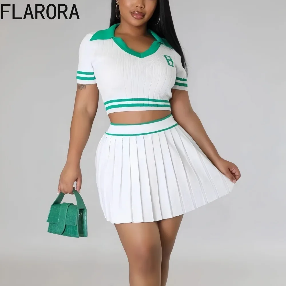 

FLARORA Elegant Stripe Knit 2 Pcs Sets Woman V Neck Slim Crop Tops And Pleated Skirts Suits Summer Female Tennisball Tracksuits