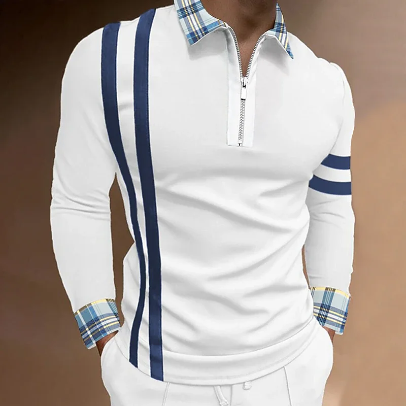 

Men's Polo Shirt Golf Shirt Outdoor Work Standing Collar Long Sleeve Sports Fashion Plaid / Check All Seasons Slim Polo Shirt