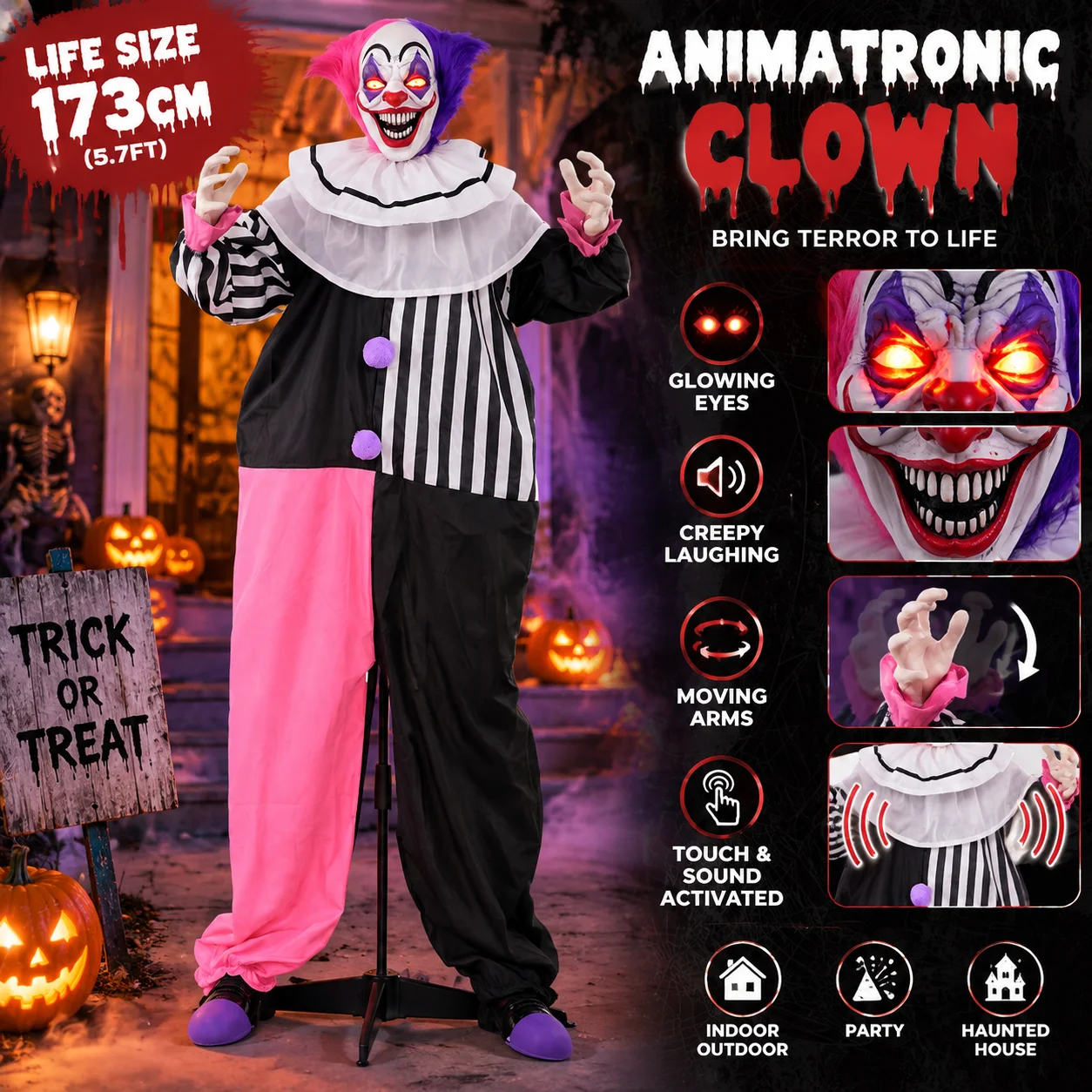 Accessorio interattivo per scherzi di Halloween, clown animatronico attivato dal tocco e dal suono, con risate inquietanti, occhi luminosi, braccia mobili, dimensioni reali (173 cm), decorazione