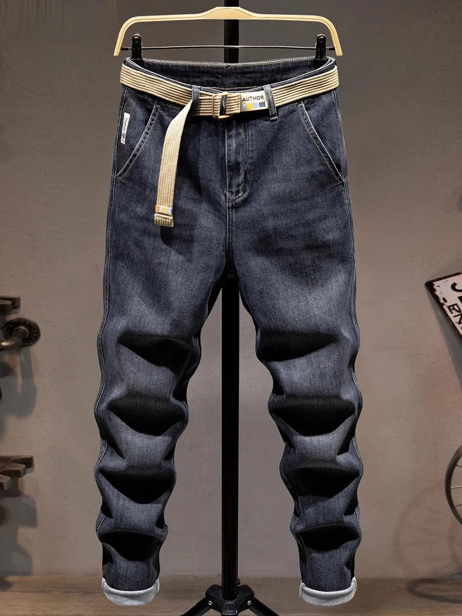 

Высококачественные мужские джинсы свободного кроя с эластичными прямыми штанинами, повседневные длинные брюки, модные, весенне-осенние, из хлопкового стрейч-денима