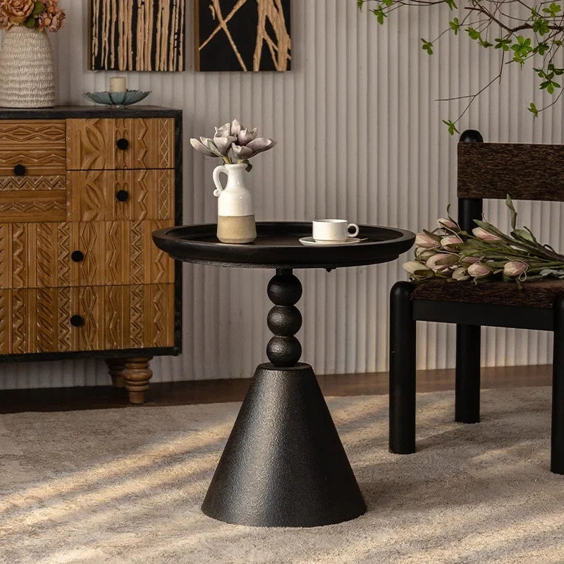 medieval solid wood small round table, black living room sofa edge table for homestay, balcony casual