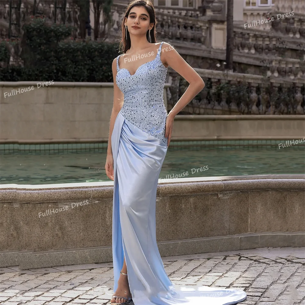 Custom Made Spaghetti Straps Pleated Sequins Evening Gown Sexy Mermaid Lace up Back Side Split Party Dress with Train