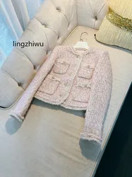 Lingzhiwu Tweed Coat capispalla da donna rosa delicato francese elegante capispalla corta di alta qualità femminile nuovo arrivo