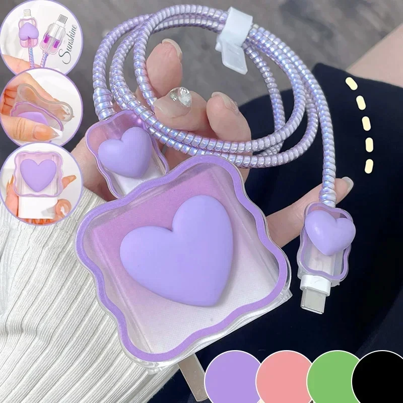 3D Love Heart Charger pokrywa ochronna dla iPhone 15 14 13 12 11 ładowarka 18W 20W silikonowa obudowa kabel Winder zasilacz rękaw