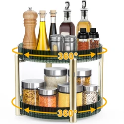 Kitchen Spice Rack Double Layer 360° Rotating Seasoning Holder Large Capacity Shelf Snacks Cosmetics Office Bathroom Storage