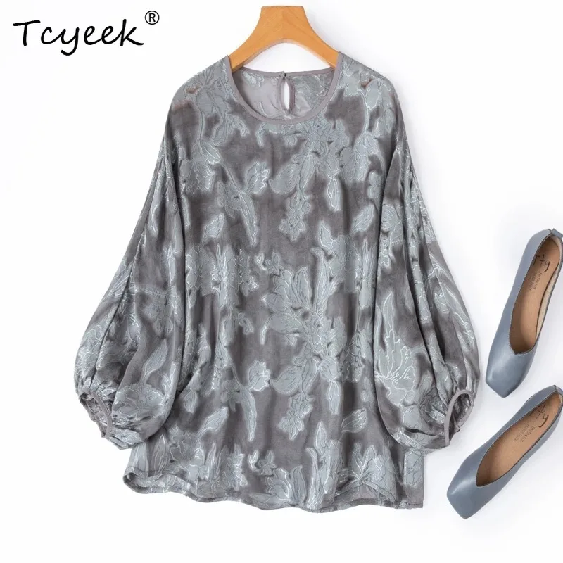 

Tcyeek 100% Real Silk Women Shirts 2026 Spring Elegant Artistic Grass-dyed Loose Lantern-Sleeved Top Woman Clothes Ropa De Mujer