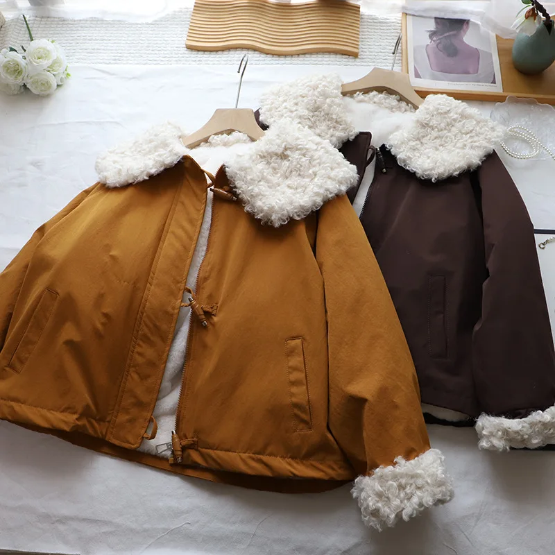 

Зима 2024, новый корейский стиль, женские куртки с лацканами из искусственной овечьей шерсти, модное однобортное свободное свободное теплое пальто