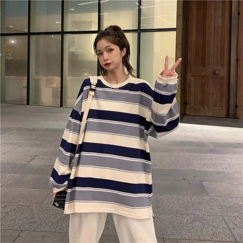 Women T shirts Striped Sweatshirt Thin tops 2023 Spring Women\'s Clothing Korean Fashion Couples Long Sleeve Teed y2k Pullovers