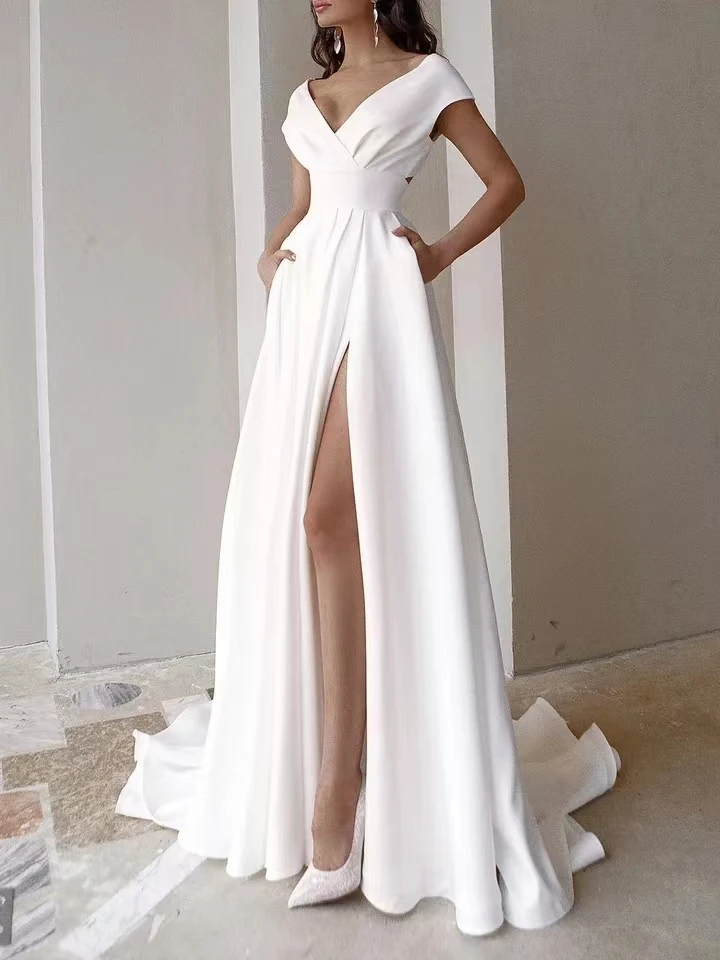 

Sexy V-Neck Civil Wedding Dress with Slit for Women Simple Cap Sleeve Sweep Train A Line Bridal Gown Pockets Custom Made