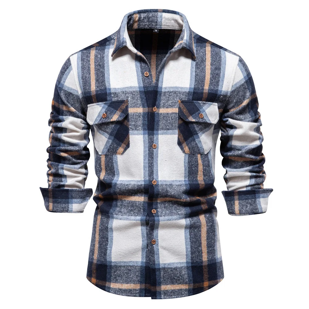 2023 Autumn New Light Business European Pocket Professional Fashion Plaid Long Sleeve Shirt Men's Top