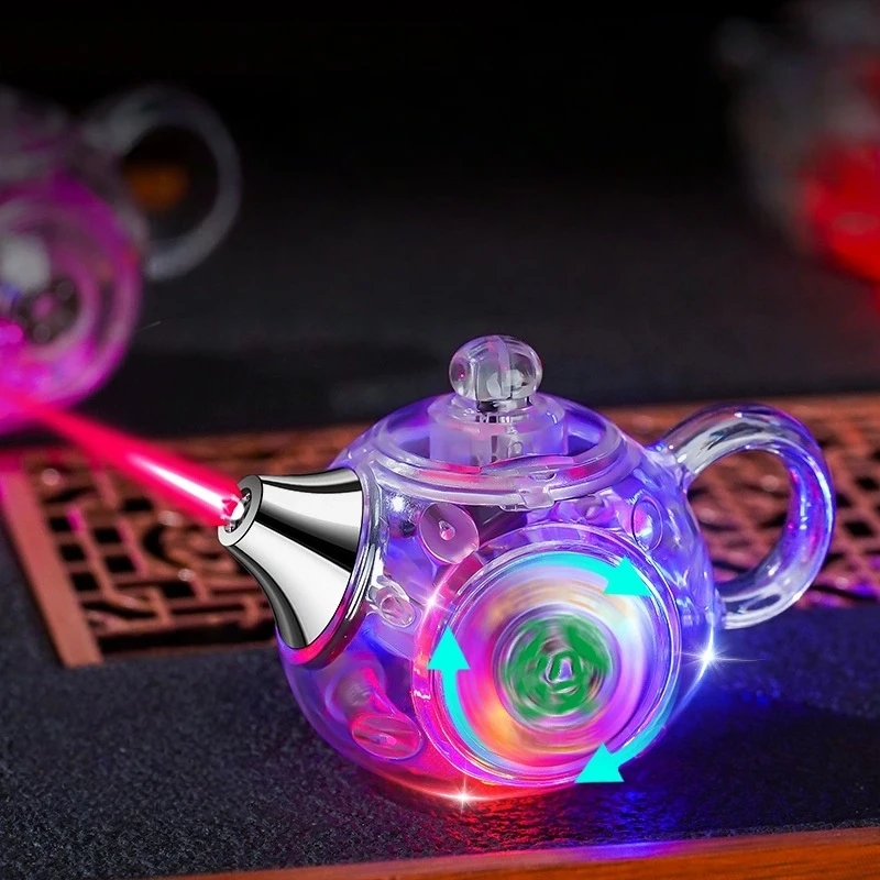 New Transparent Flash Inflatable Lighter Mini Rotating Teapot Windproof Direct Spray Red Flame Butane Gas Outdoor Lighter Gift