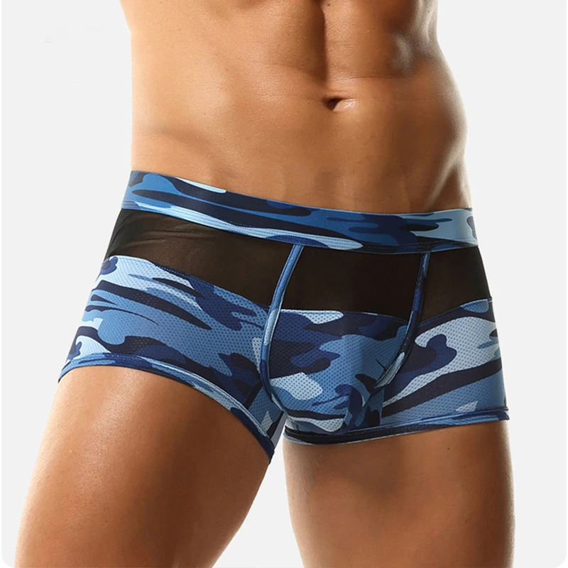 موضة التمويه طباعة مثير الرجال الملابس الداخلية الجليد شبكة الحرير U الانتفاخ الحقيبة الرجال سراويل تنفس منتصف الخصر مطاطا سراويل بوكسر