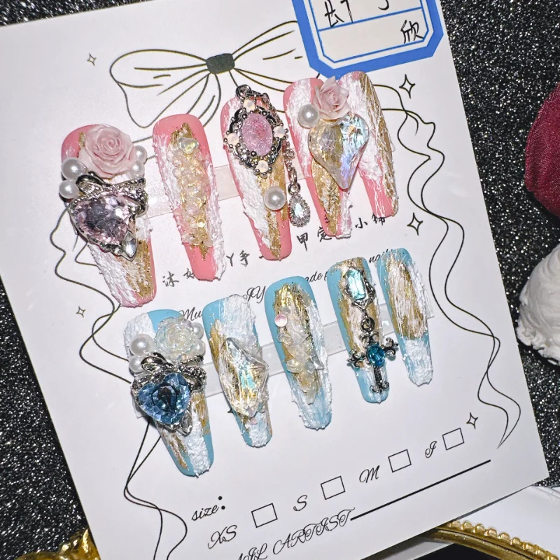 10Pcs High Quality Handmade Press on Nails Carved Snowflake Hand-Painted Line Outline Fake Nails  Elegant Commuting Style