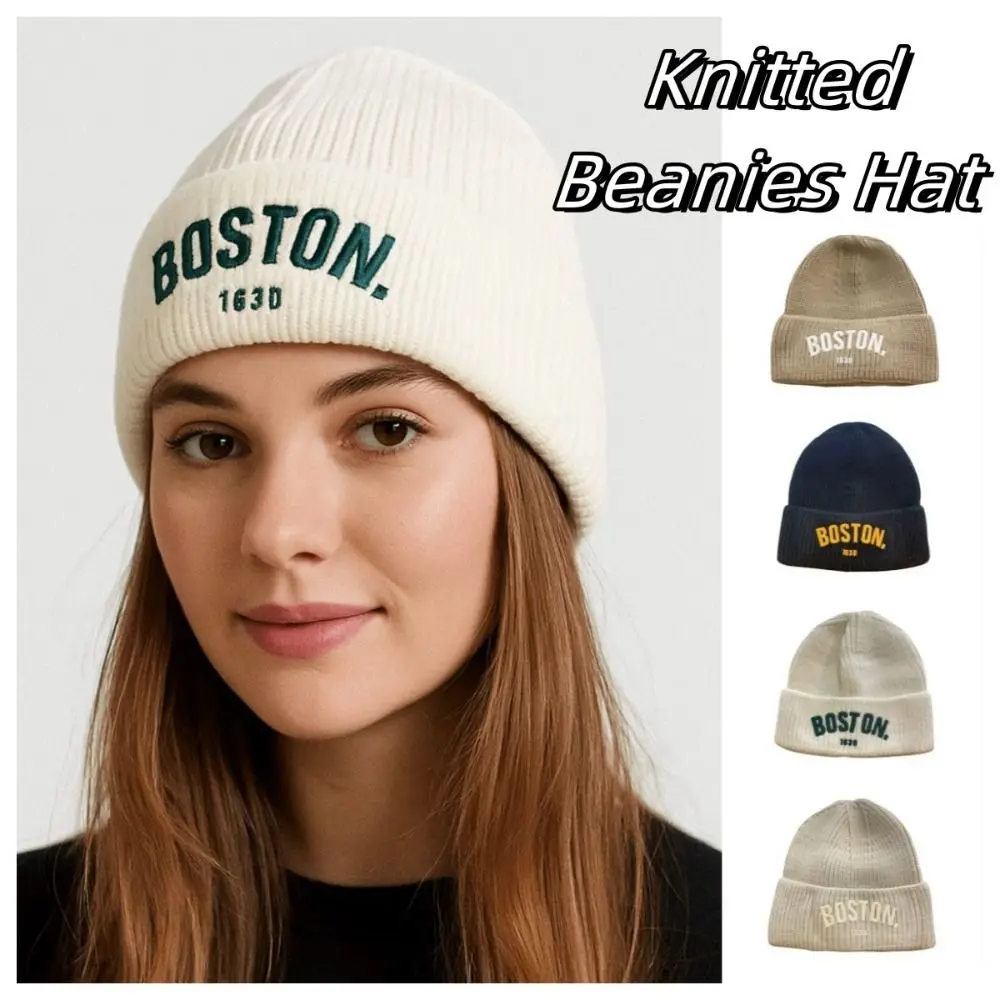 

Vintage Letter Winter Pullover Hat Solid Color Breathable Wool Beanies Hat Korean Style Coldproof Knitted Cold Hat Autumn Winter