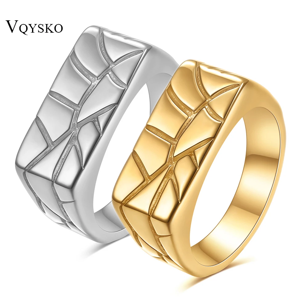 

VQYSKO Retro Stainless Steel Rings for Women Men Jewelry Simple Creative Square Stripes With Grid Texture Ring Wholesale