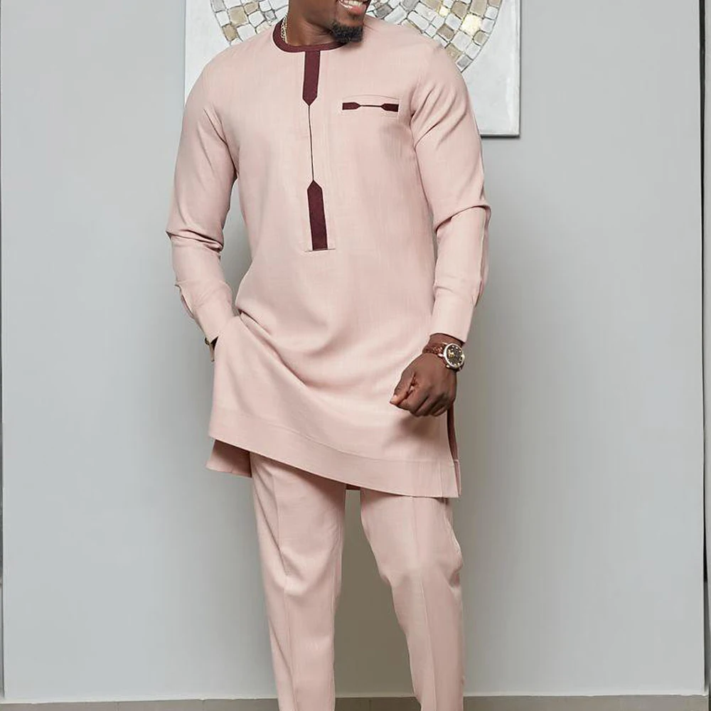 Kaunda Suit Pink Wedding Men's Set Kaftan Pocket Long sleeved Top Pants African Ethnic Leisure Traditional Clothing 2-piece Sets