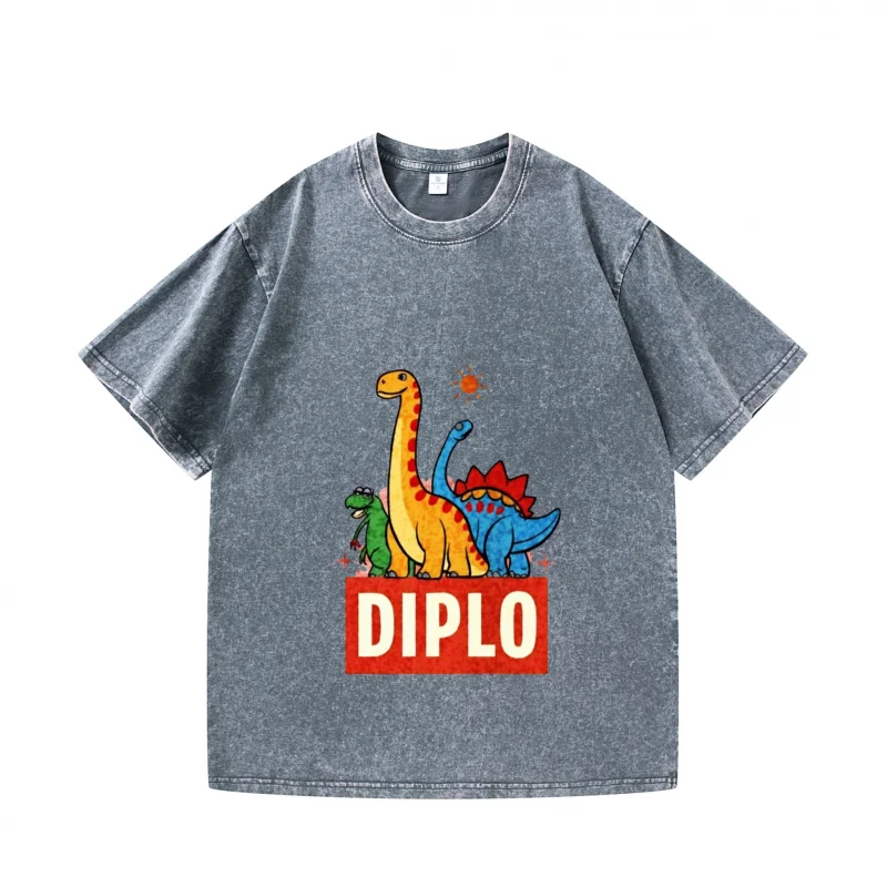 

Мужская футболка серого цвета с рисунком динозавра и текстом DIPLO Повседневная повседневная одежда Летний модный топ