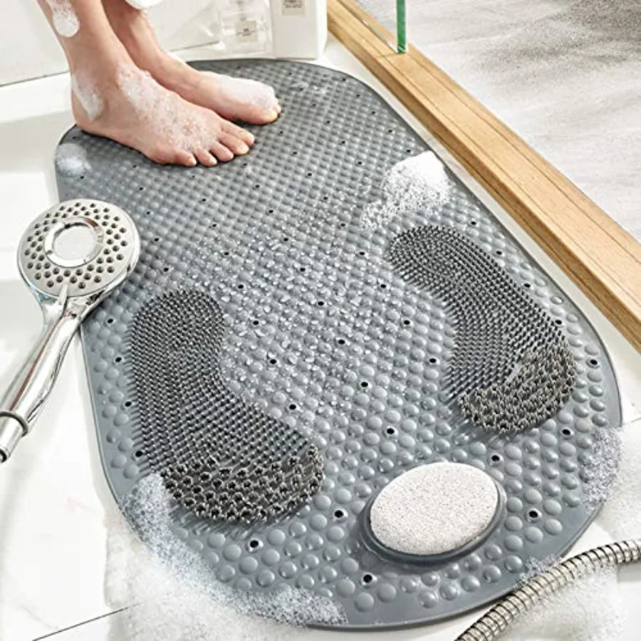 

32"X16" Foot Scrubber Shower Mat with Feet Scrub Stone Oval Bathtub Mat with Antislip Suction Cups and Drain Holes Non Slip wit