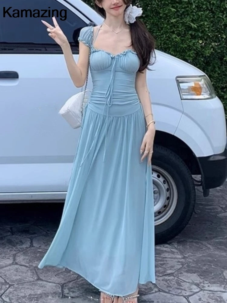 

Women's Elegant Princess Long Dresses Summer Spring French Vintage Lace Up Prom Robe High Waist A-line One Piece Vestidos Mujer