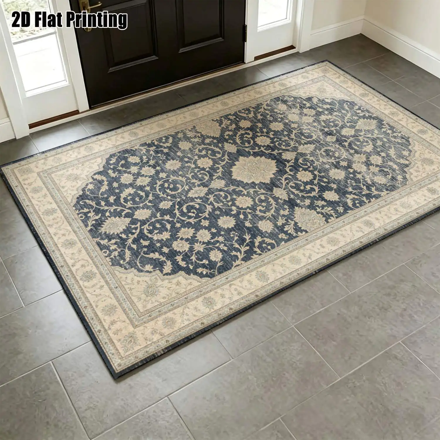 1Pc 2D Printed Retro Blue-Grey Floral Carpet European Vintage Bohemian Geometric Carpets for Home Decor, Available in Multiple Sizes, Machine Washable, Suitable for Entryway/Dining Room/Foyer/Bedroom/Living Room as a Mat/Rug.