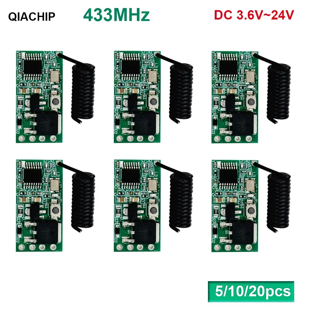 QIACHIP 5-20pcs 433.92Mhz Universal Wireless DC 3.6V-24V Remote Control Switch 1 CH RF Relay Receiver LED Light DIY Kit