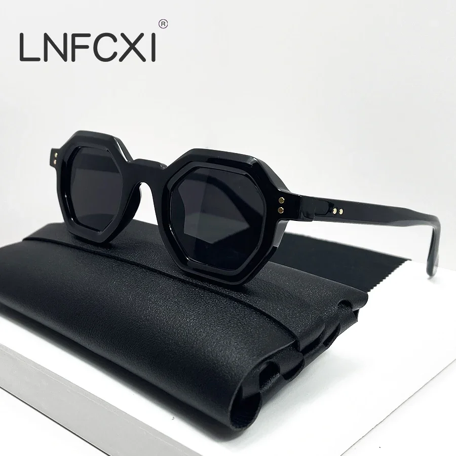 Lnfcxi Mode Polygon kleine quadratische Frauen Sonnenbrille Retro graue Nieten Männer Sonnenbrillen uv400 Trend Outdoor-Sport Sonnenbrille